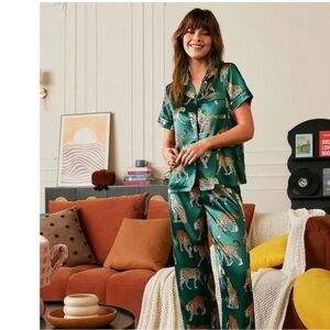 Animal Print Cheetah Leopard Green Satin 2 Piece Pajama Set